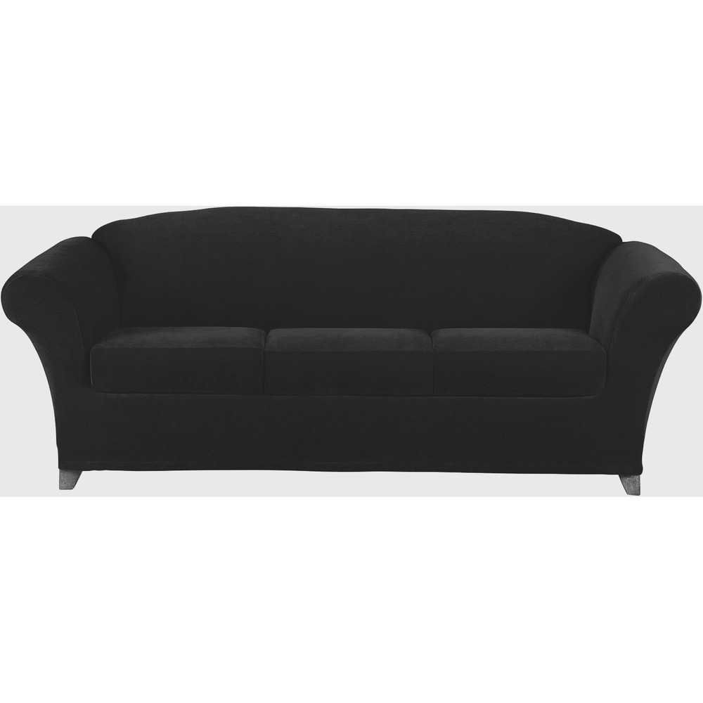 Sure Fit Stretch Pique 4pc Sofa Slipcover Black Onyx T-Cushion 74-96in